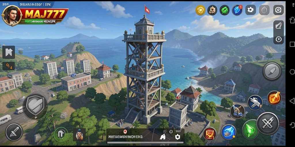 Screenshot gameplay MAJ777 menampilkan pertarungan menara pertahanan yang mendebarkan.